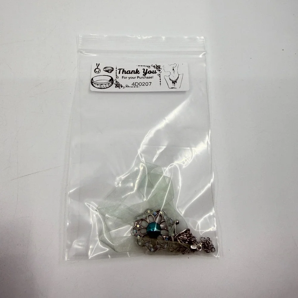 Necklace Teal Faux Pearl AB Rhinestone Silver Tone Flower Organza Ribbon Boho